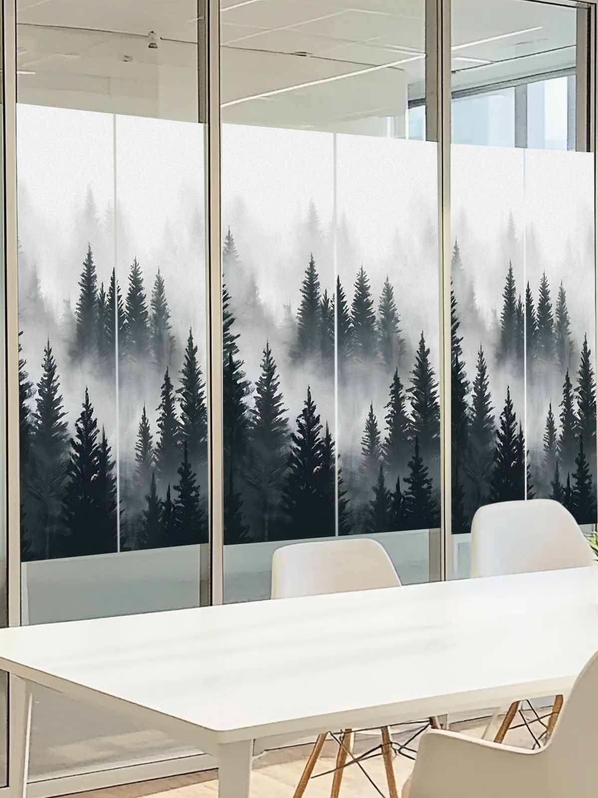 Black Forest Window Privacy Film, Misty Pine Trees Foggy Black Trees Frosted Glass Window Clings Static Cling UV Heat Blocking Reusable Door Sticker for Bathroom 23.6 x 59 Inch