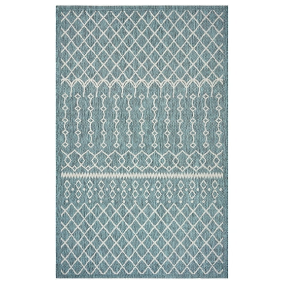 Laddha Home Designs 5' x 8' Blue and Ivory Array Rectangular Outdoor Area Throw Rug