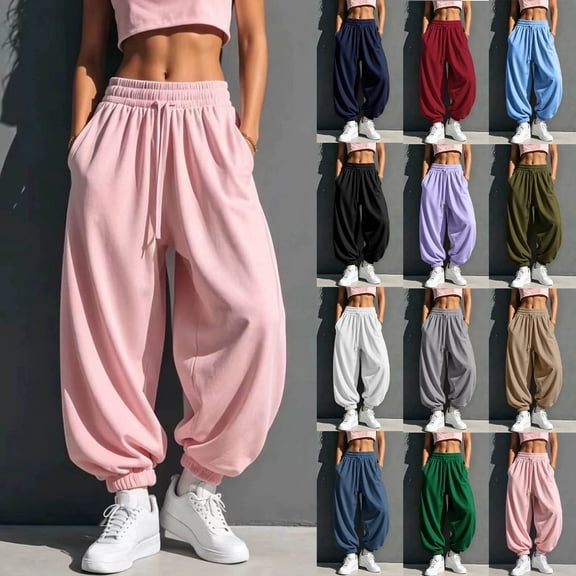 Women's Casual Sweatpants, Elastic Drawstring Waist Solid Pants with Side Pockets, Winter & Home Wear | VerBelle,Army Green L