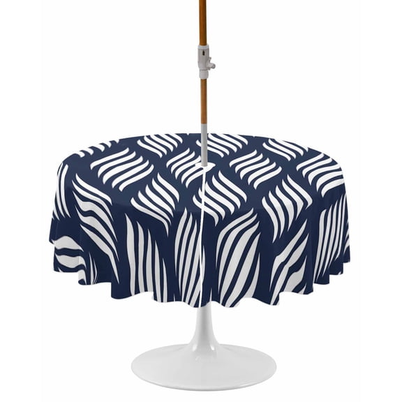 Abstract Navy Blue, Round Outdoor Tablecloth, Waterproof Table Cloth Cover with Umbrella Hole and Zipper, Modern Minimalistic Geometric Stripes Table Protector for Patio Party Picnic 60" Round