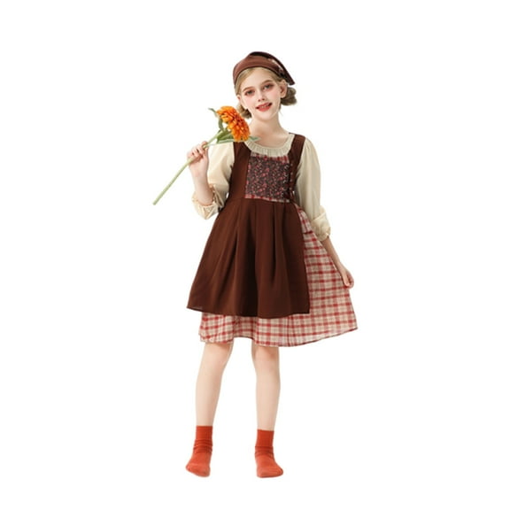 EnJoCho 𝖯ioneer Prairie Dress with Floral Bonnet 𝖢olonial Vintage Dress Little House on The Prairie Halloween Outfit for Girls Age 5-12 Historical