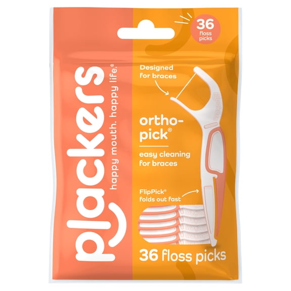 Plackers OrthoPick® Floss Picks Designed for Braces, Tuffloss®, FlipPick® Clean Between Brackets, 36 Flossers