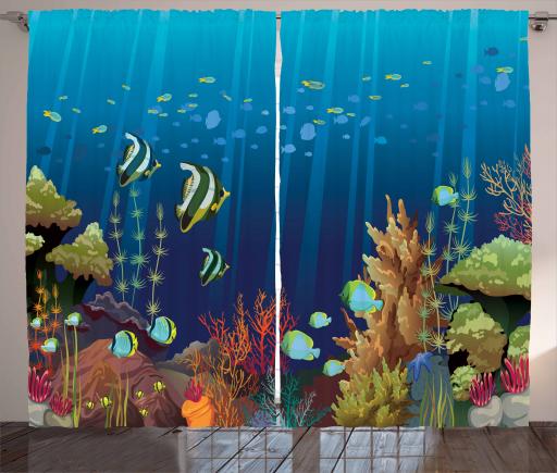 Under The Sea Curtains 2 Panels Set Coral Reef With Sea Creatures