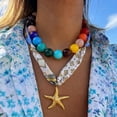 thumbnail image 2 of PISONIC Women Colorful Round Beaded Necklace with Printed Scarf Ribbon & Gold Starfish Pendant, Boho Summer Statement Collar Necklace, 2 of 6