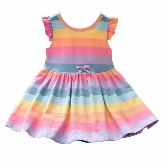 EnJoCho Kids Sweater Skirt Baby Girls Rainbow Flying Sleeves Colorful Striped Dress Girl Princess Dress 1 to 7 Years Cute Little Girl Summer Fashion Party Dress