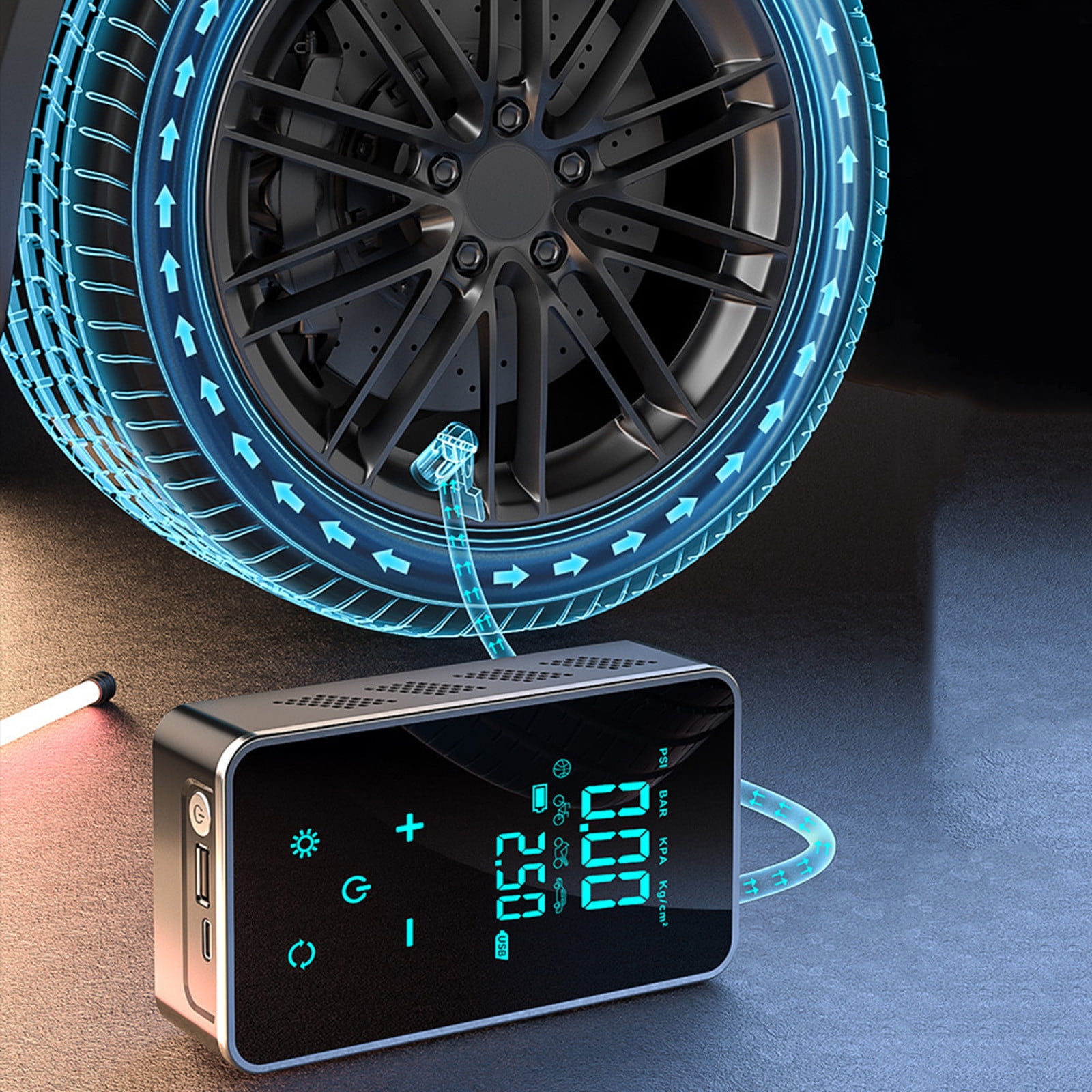 45W Portable Wireless Car Tire Inflator Air Compressor 150Psi With Touch Screen Led Light Power Bank 3600Mah
