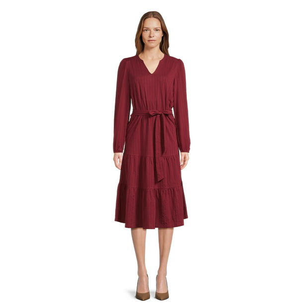 Time and Tru Women's Long Sleeve Textured Midi Dress - Walmart.com