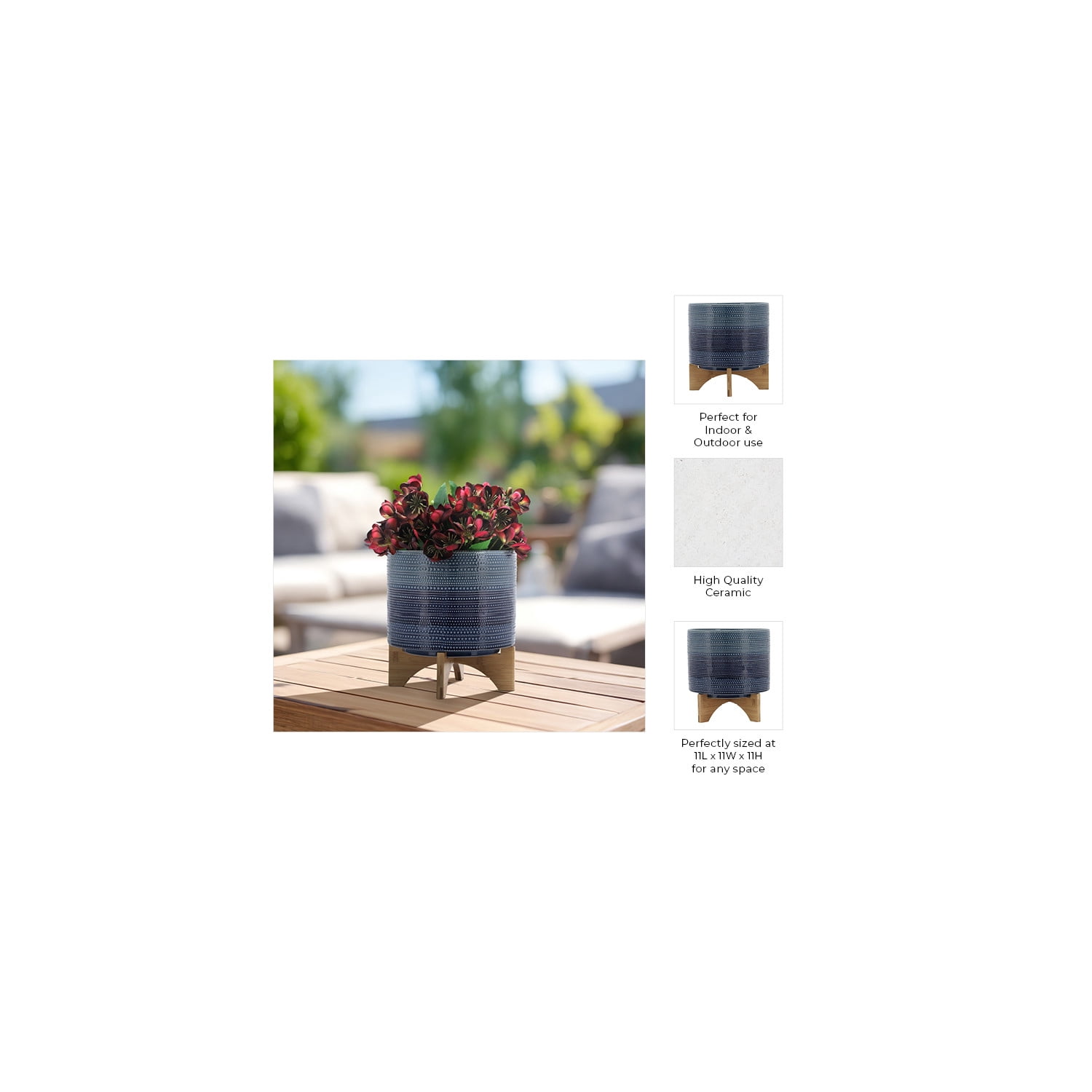 Cylindrical Dotted Flower Pots with Bamboo Stand for Home Decor - Planter for Indoor and Outdoor Plants - Decorative Plant Pots Ceramic Planter for Garden Style Spaces - 11", Blue