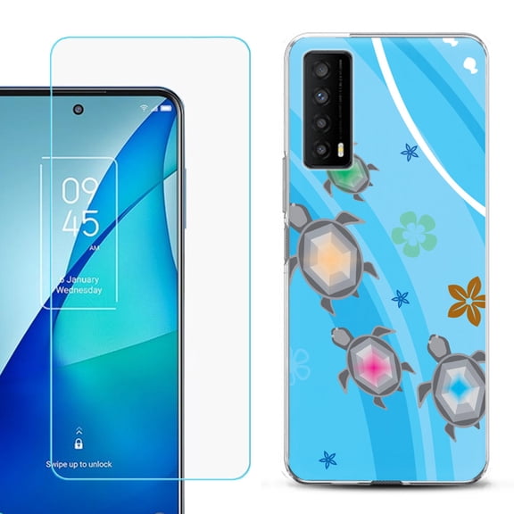 Slim-Fit Gel TPU Phone Case for TCL Stylus 5G, with Tempered Glass Screen Protector, by OneToughShield ® - Happy Turtle