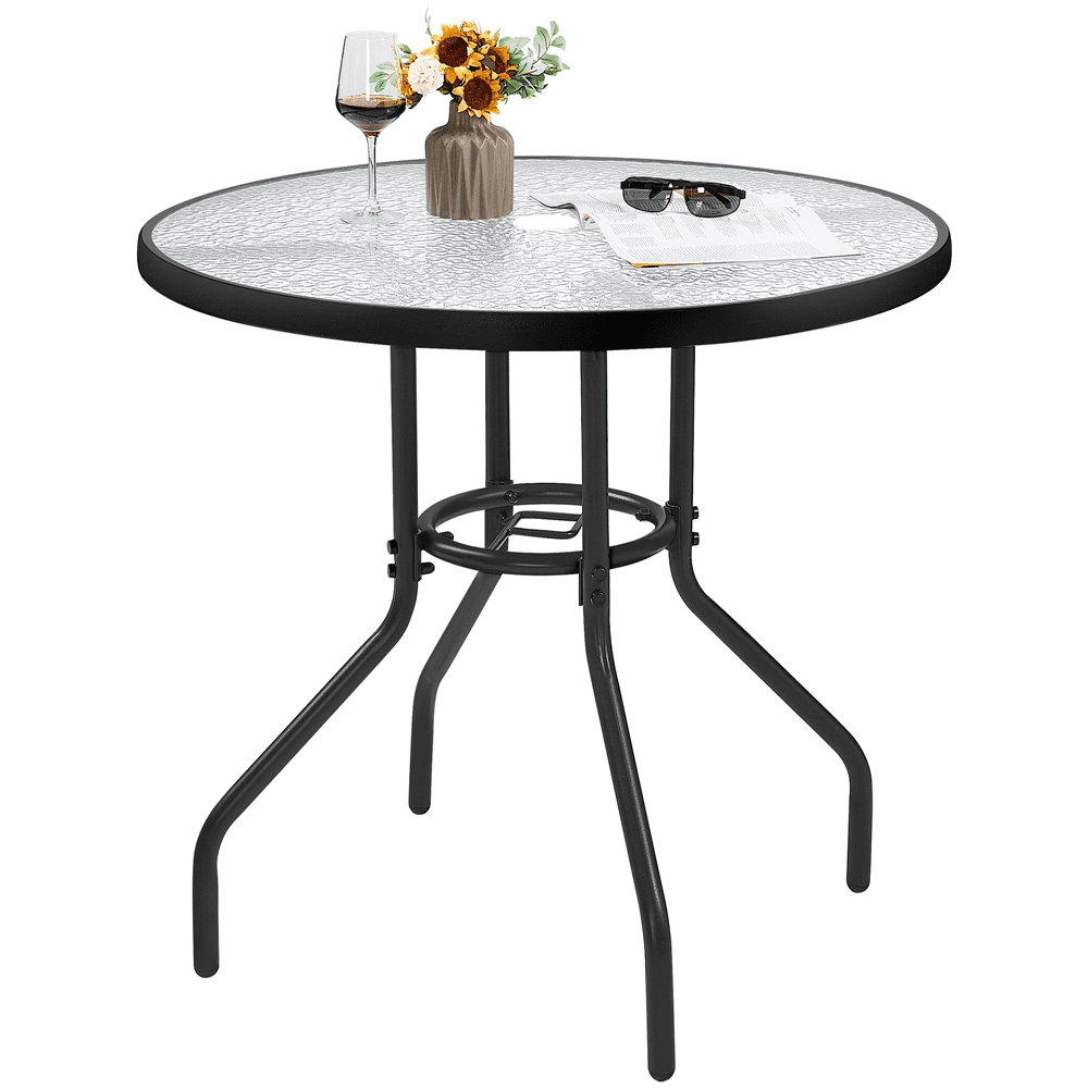 Tangkula 32 Outdoor Patio Table Round Bistro Table with Steel Frame Tempered Glass Top Commercial Party Event Furniture Conversation Coffee Table for Backyard Lawn Balcony Pool with Umbrella Hole 
