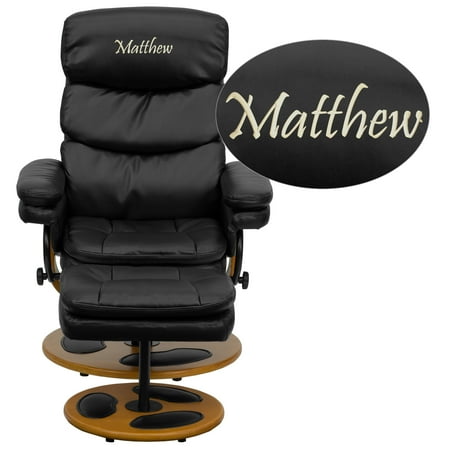 Flash Furniture Personalized Contemporary Multi-Position Recliner and Ottoman with Wood Base in Black LeatherSoft