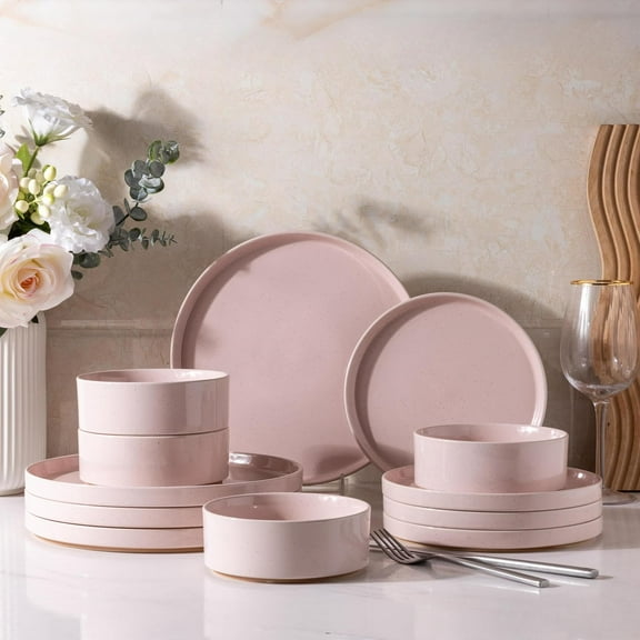 Ceramic Dinnerware Set for 4 | Speckled Stoneware Plates and Bowls with unglazed terracotta | Scratch Resistant, Dishwasher & Microwave Safe Dishes Sets- 12-Pcs Pink