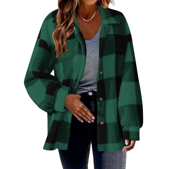 GuangCheng Jackets for Women Casual Winter Lapel Pocket Long Sleeve Plush Plaid Button Warm Jacket
