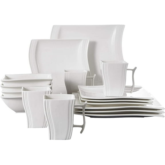 MALACASA Dinnerware Sets, Porcelain Dinner Set for 4, 16-Piece Square Ivory White, Series Flora