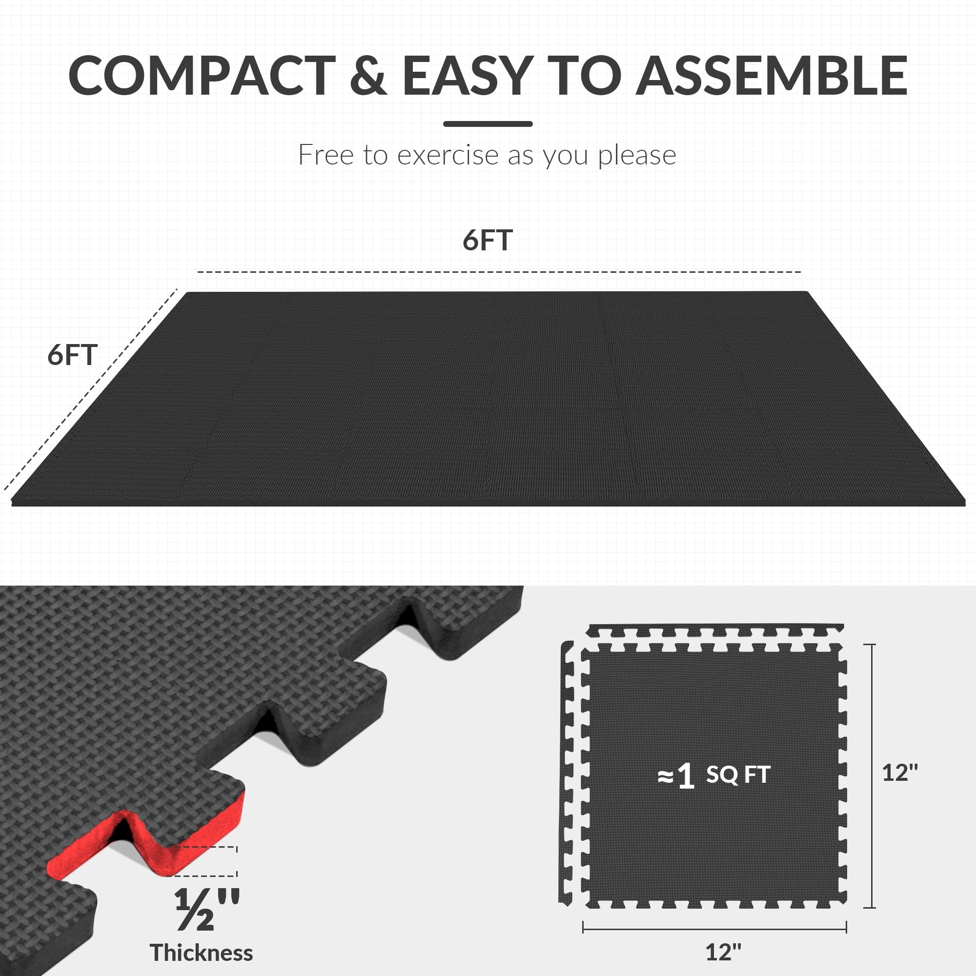 BalanceFrom EVA Foam Interlocking Floor Tiles, 63 × 63 cm, 1/2" 3/4" or 1" Thick, Anti-Slip Textured Mats in Multiple Colors, 6/12/24/36 Pack for Home Gym and Play Areas