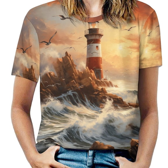 Lighthouse Sunrise Coast Scenery Pale Blue Tan Women's Short Sleeve T-Shirt Crew Neck Casual Summer Trendy Loose Fit Tops