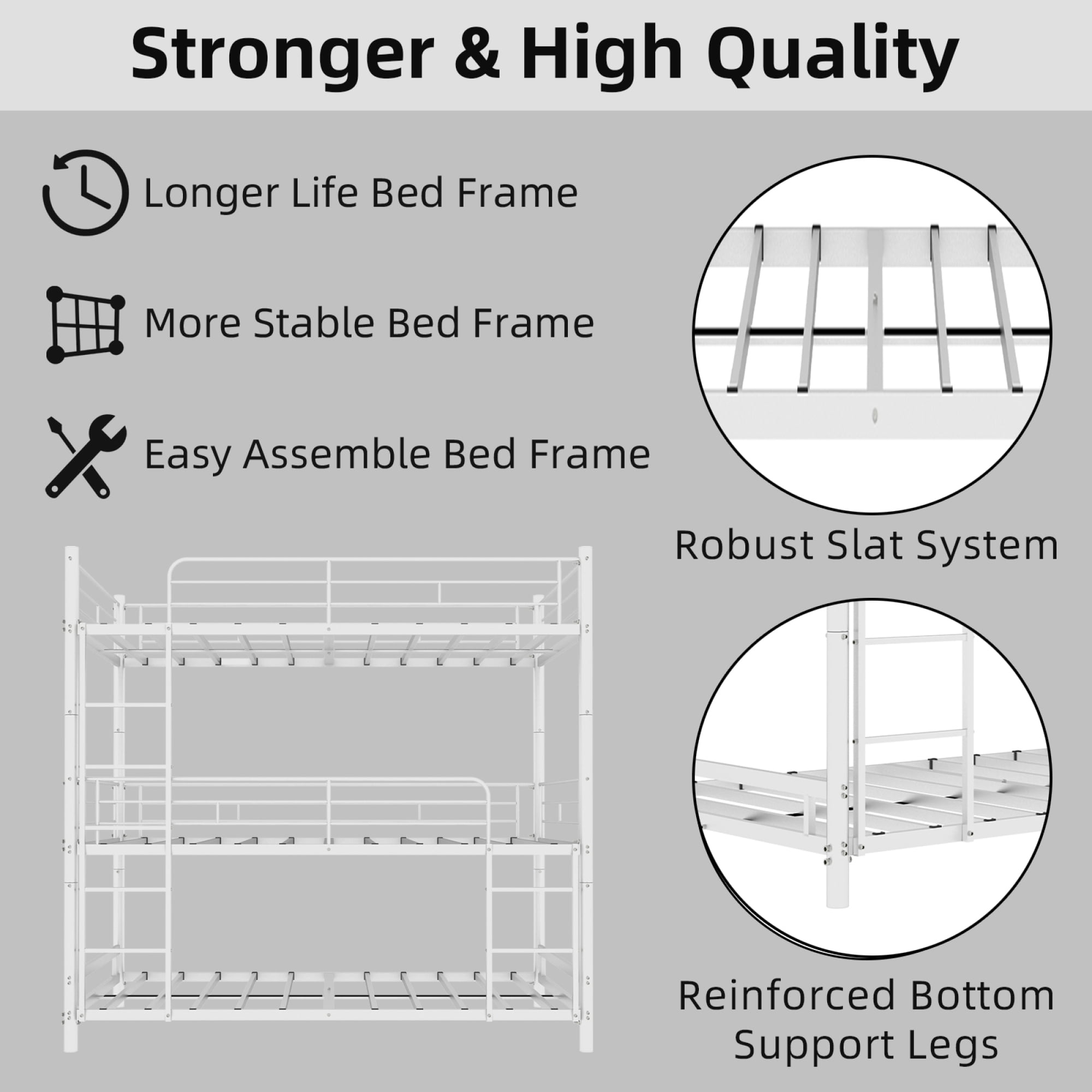 Metal Triple Bunk Bed, Twin Over Twin Over Twin Heavy Duty Bunkbeds with Full-Length Guardrail Family-Friendly for All Ages, Bedroom, No Box Spring Needed, Easy Assembly