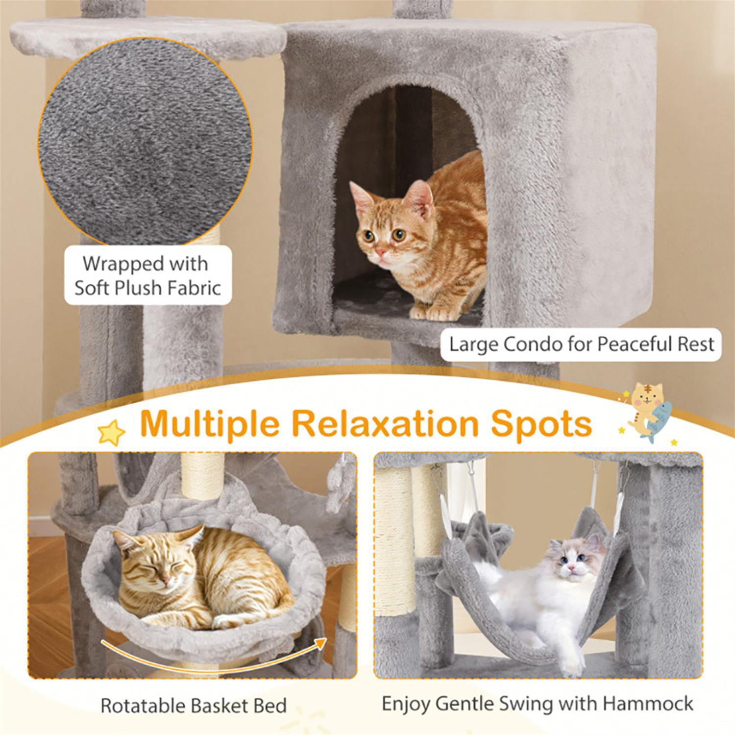 Kadyn 69" Modern Cat Tree with Toy, Cat Tower Condo for Indoor Cats with Cozy Condos, Sisal Scratching Posts and Top Perch, Beige