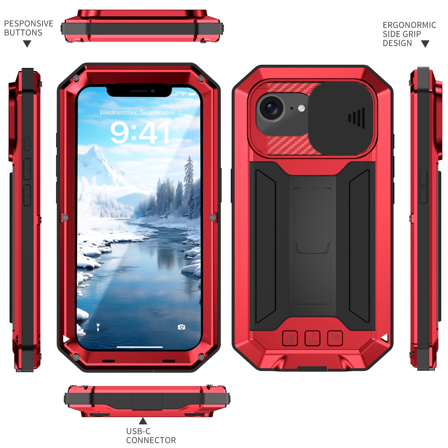Dteck for iPhone 16E Case with Camera Cover Sliding, Heavy Duty Protection Rugged Screw Full Body Military Grade Metal Rubber with Stand Hard Built in Screen Protector for iPhone 16e 2025,Red
