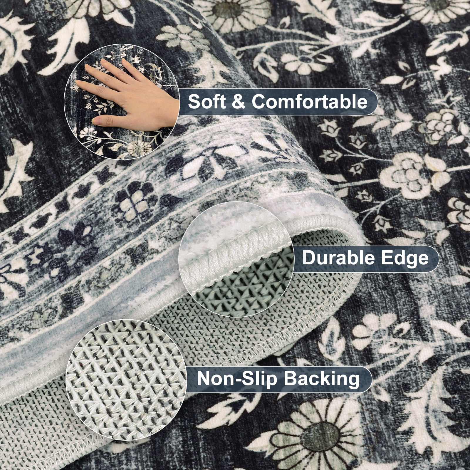 MJIAexp 2'x10' Boho Runner Rug,Non Slip Washable Floral Hallway Runner Rug with Rubber Backing, Low Pile Faux Wool Distressed Carpet for Kitchen, Laundry, Bedroom, Entrance,Black