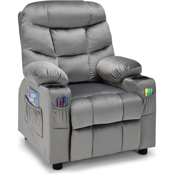 GLACER  Recliner, Velvet AdjustableToddler Lounge Chair w/Cup Holder, Footrest, Lumbar Support, Armrests, Side Pockets,  Recliner Chairs for Boys Girls Age 3  (Gray)