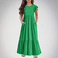 thumbnail image 2 of Mikilon Fashion Girls Long Dress Size 6-12 Years Short Sleeves Round Neck Solid Color Dress Solid Color Ruffled Dress, 2 of 6