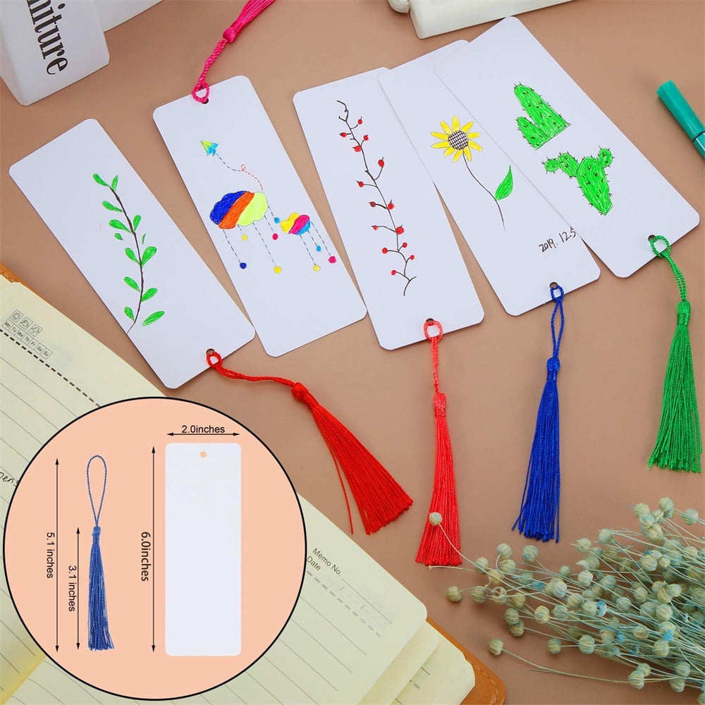 MODANU 100 Pcs Blank Bookmarks to Decorate with 100 Colorful Tassels, Thick Cardstock Bookmarks for DIY Crafts, Holiday Reading, Classroom Projects and Gift Tags, 6x2 Inch