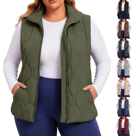 Diufon Plus Size Vest for Women Full Zip Stand Collar Quilted Vest Fall Winter Sleeveless Puffer Jackets with Pockets