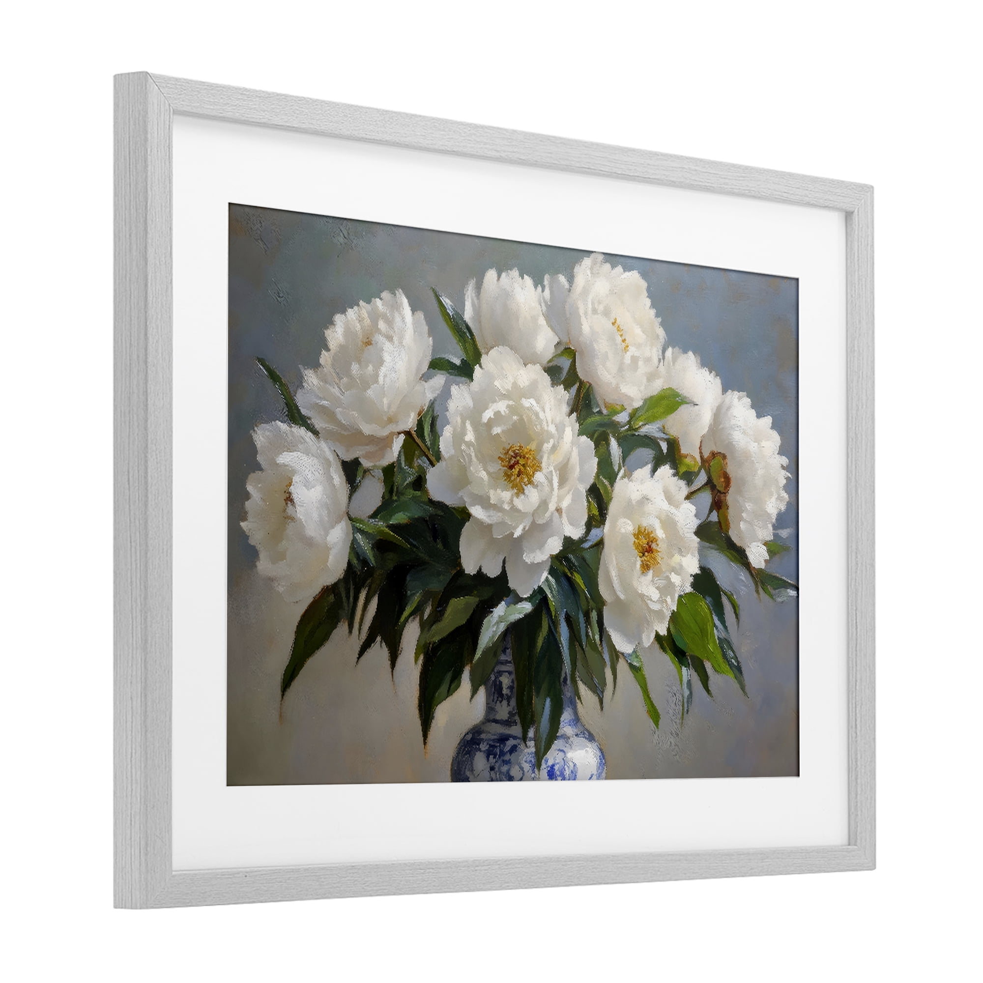 Stupell Industries In Full Bloom White Peonies Gray Framed Print Under Glass, design by Petal Prints Design