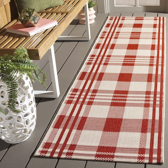 Safavieh Courtyard Benjamin Plaid Indoor/Outdoor Runner Rug, Red/Bone, 2'3" x 18'