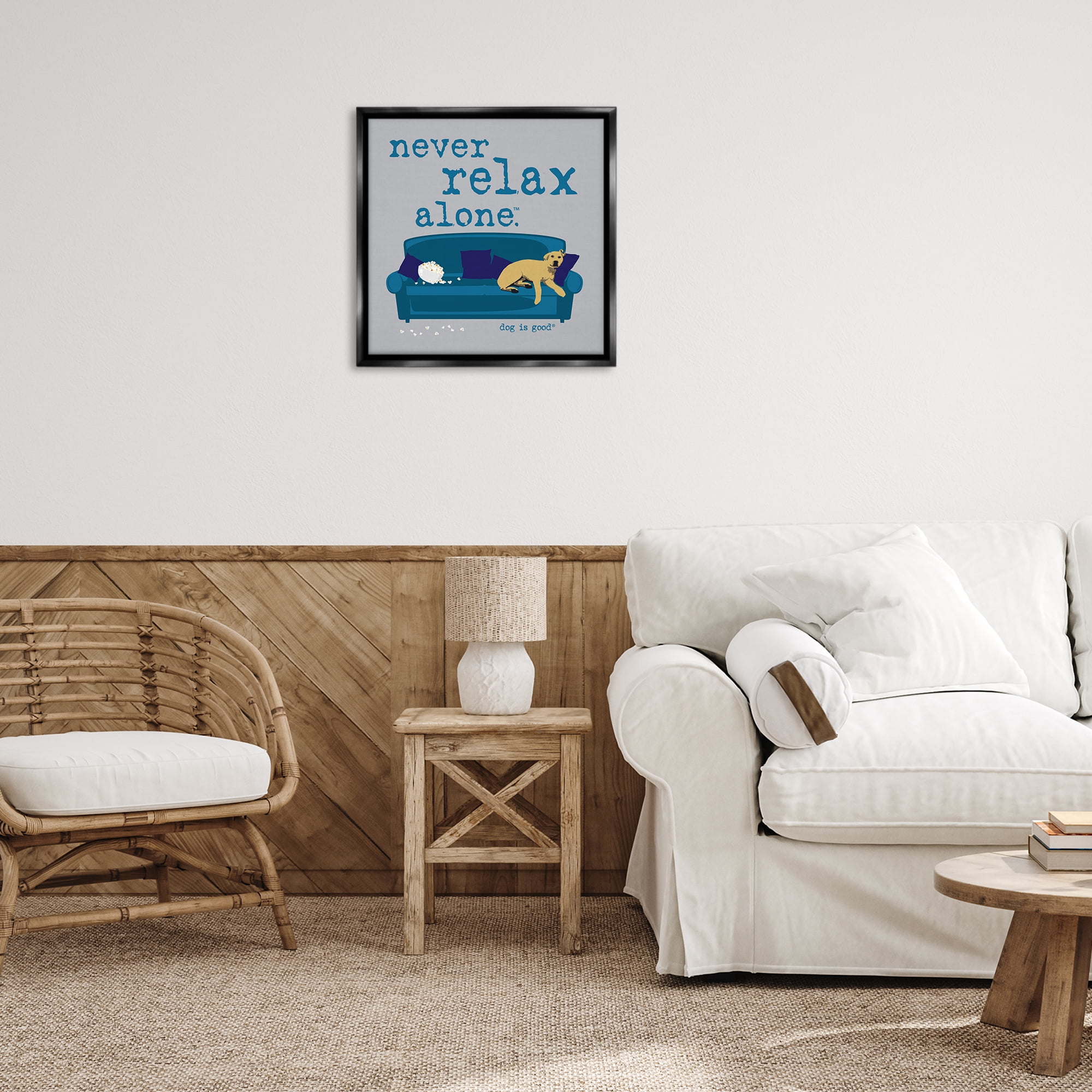 Stupell Industries Never Relax Alone Dog Animals Painting Black Floater Framed Canvas Art Print Wall Art, 25 x 25