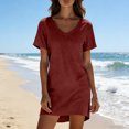 thumbnail image 5 of longantii Summer Dresses for Women 2026 V-Neck Casual Sundresses T-Shirt Cotton Mini Dress Vacation Outfits Short Sleeve Tees Deep Red XXL, 5 of 6