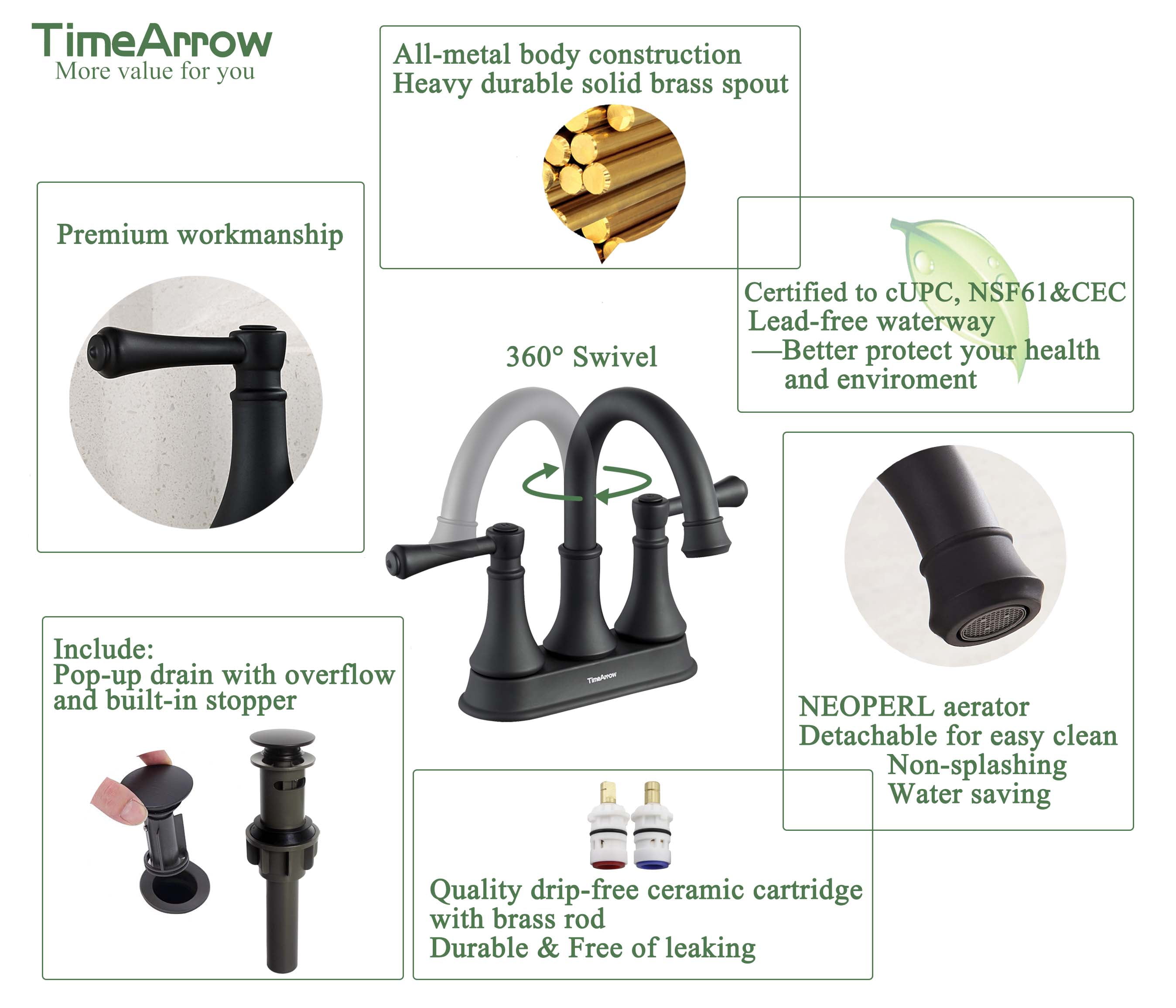 Matte Black 4 Inch Centerset Bathroom Faucet Vanity Lavatory Faucet for 3 Holes with Pop up Drain and 360° Swivel Brass Spout, TAF067Y-MB