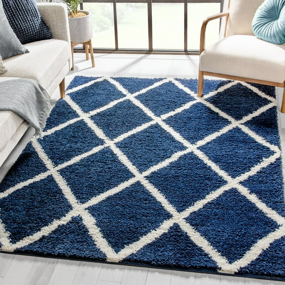 Well Woven 78847 Madison Shag Cole Blue Modern Tribal Trellis Area Rug - 7 ft. 10 in. x 9 ft. 10 in.