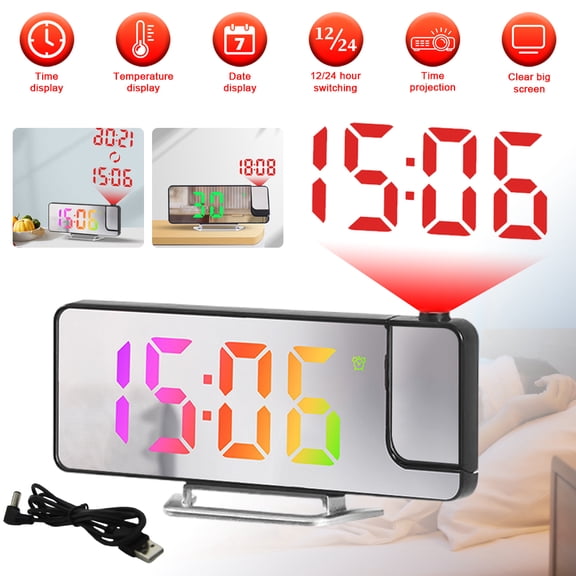 Projection Alarm Clock, Digital LED Clock with Rotatable Projector, Time/Date/Temperature Display, 12/24H Format, Mirror Surface, Snooze Function for Bedroom