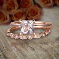 1.75 Carat 6mm Princess Cut Morganite & Diamond Moissanite Engagement Bridal Wedding Ring Set Sale with 18k Gold Plating