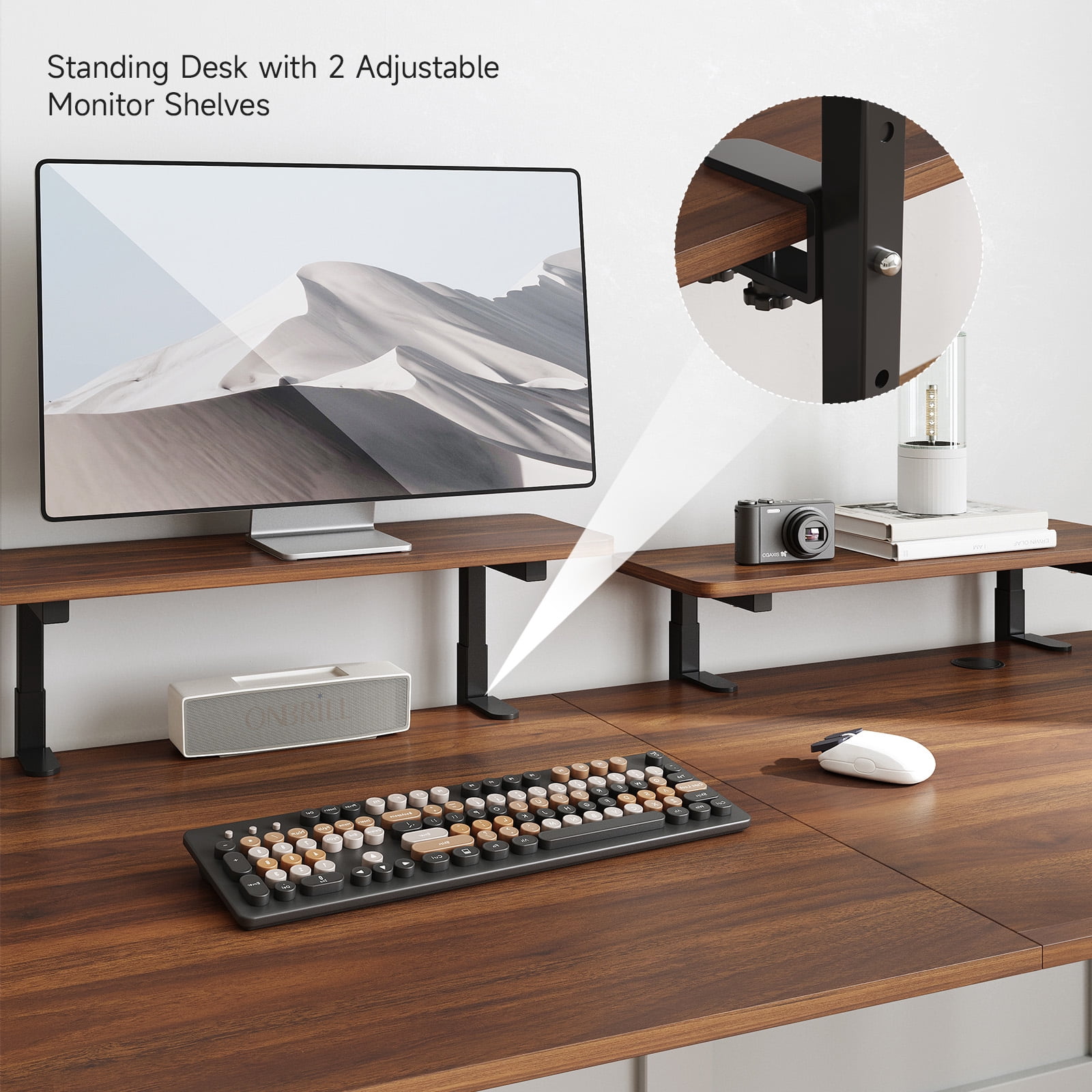 63 x 24 Inches Standing Desk with 2 Adjustable Monitor Shelves,  Electric Stand Up Desk Adjustable Height from 28-46 inches for Home and Office, Walnut