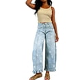 thumbnail image 6 of sicmoss Women's Blue Cotton Barrel Jeans Y2K Wide Leg Baggy Ruffle Hem with Pockets, 6 of 7