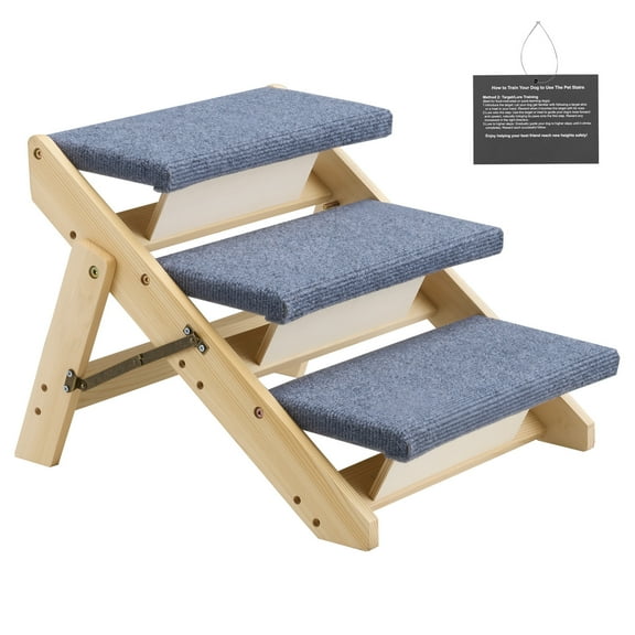 KFFKFF 3-Step Wooden Pet Stairs, Foldable Dog Steps for Beds, Sofas, and Cars, 110 lbs Capacity, Durable and Stable Design for Small to Large Pets