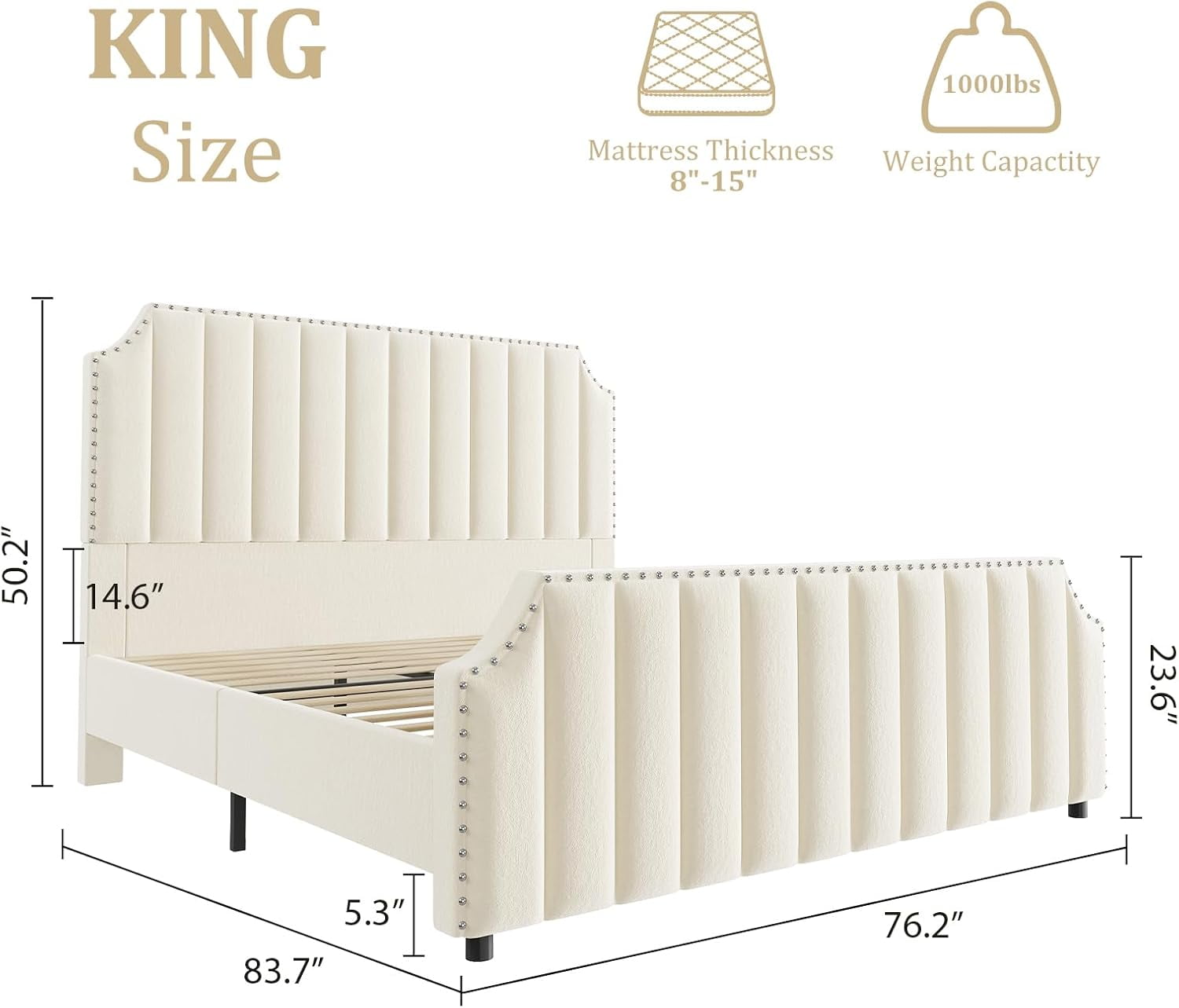 King Size Velvet Bed Frame with 50.2" Tufted Headboard & Footboard, Nailhead Trim, No Box Spring Needed, Noise-Free, Beige