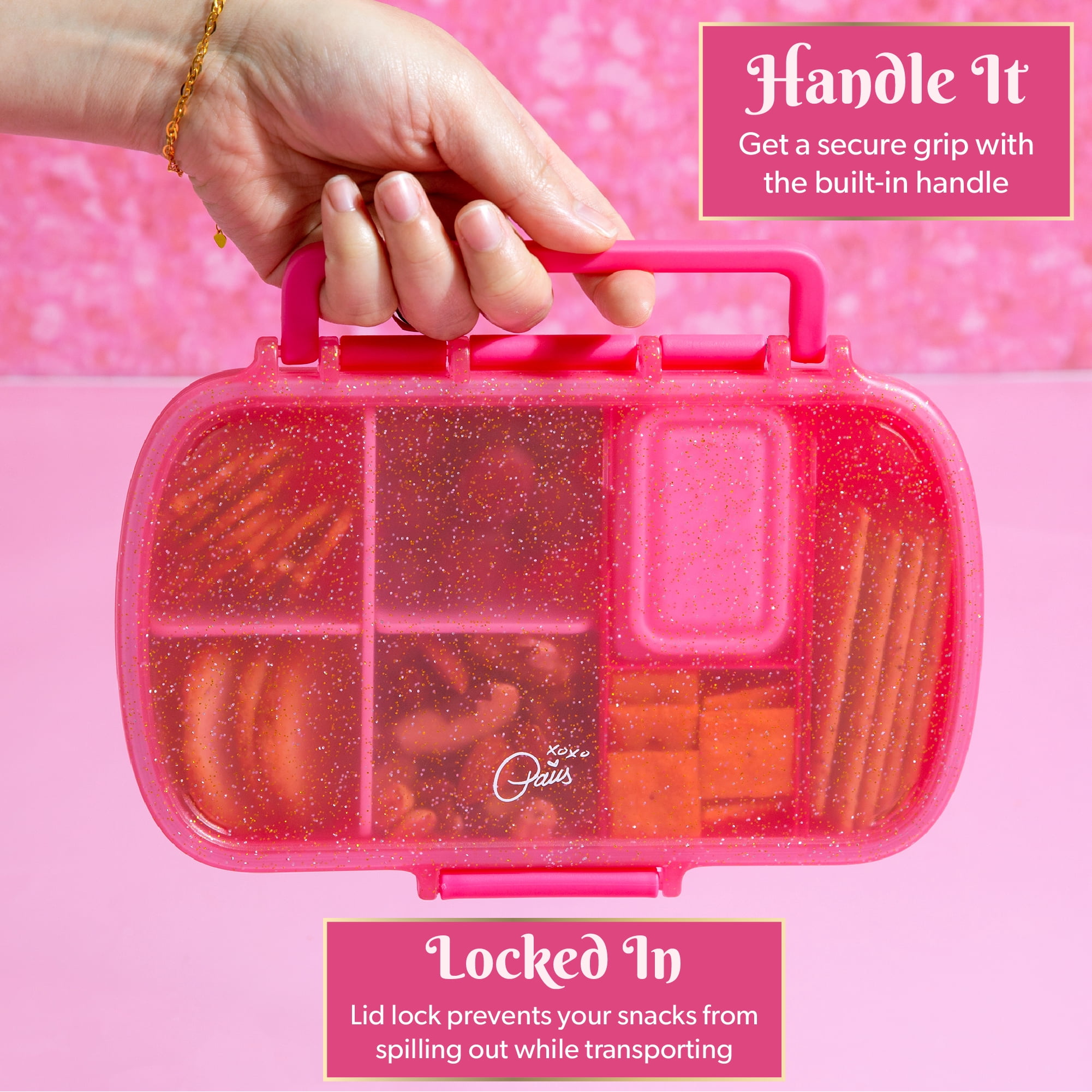 Paris Hilton Plastic Bento Box, Glitter Infused Lid, Customizable Compartments, Hot Pink