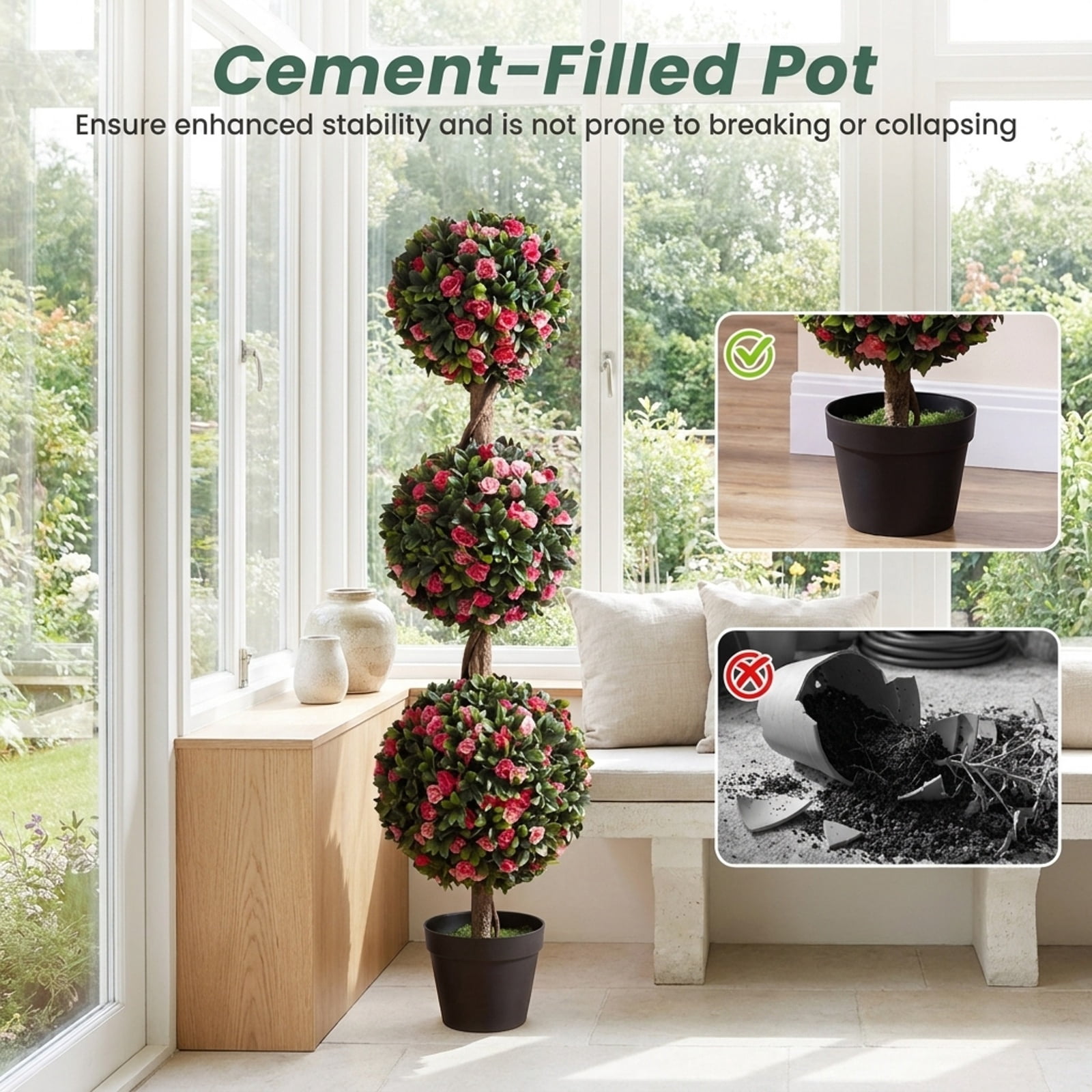 Vebreda Artificial Plant Decor, 43.5" Artificial Triple Ball Rose Topiary Tree with Lifelike Blooms and Green Leaves, Multi-Scenario Applications