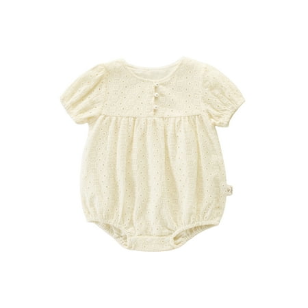 

Gureui Toddler Infant Baby Girls Short Sleeve Romper Playsuit Casual Solid Color Hollow Out Round Neck Pearl Decor Bodysuit