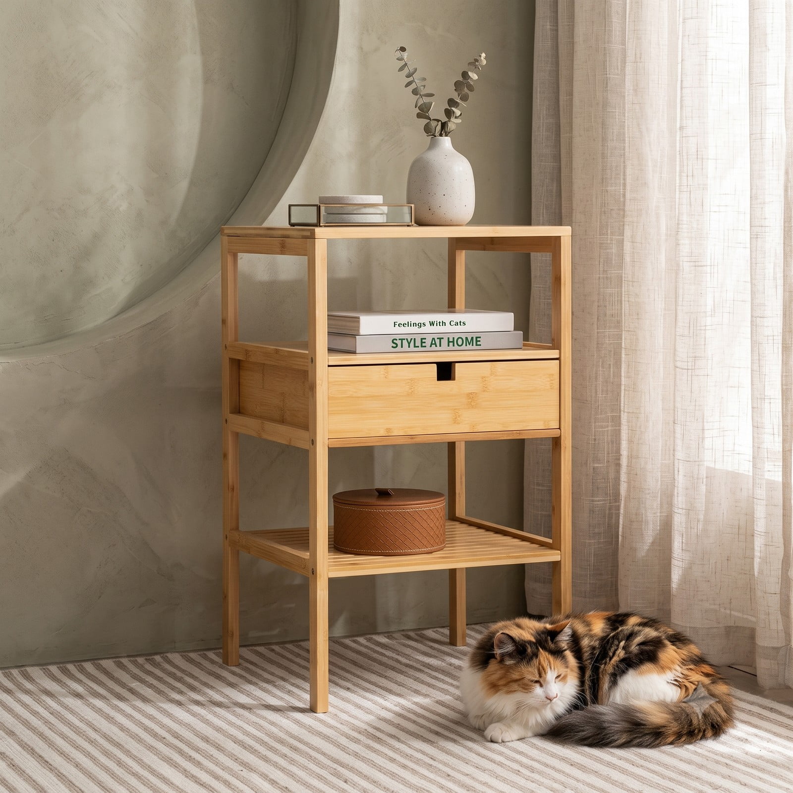 Furnibear Bamboo Nightstand Set of 2 with Storage Drawer and Slatted Open Shelf for Bedroom and Living Room, Wood Bedside Table, Natural