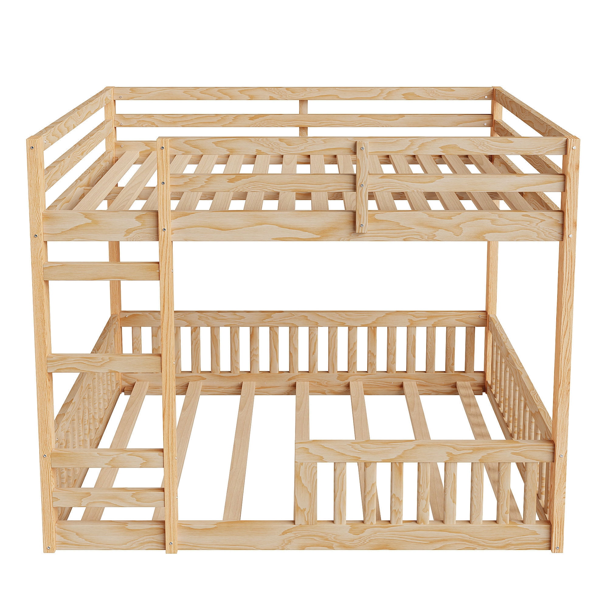 Full Over Full Size Wooden Bunk Bed with Ladder and Guardrails, Low Floor Bunk Beds w/ Slats Support,Space-Saving Multifunction Furniture for Apartment,Bedroom