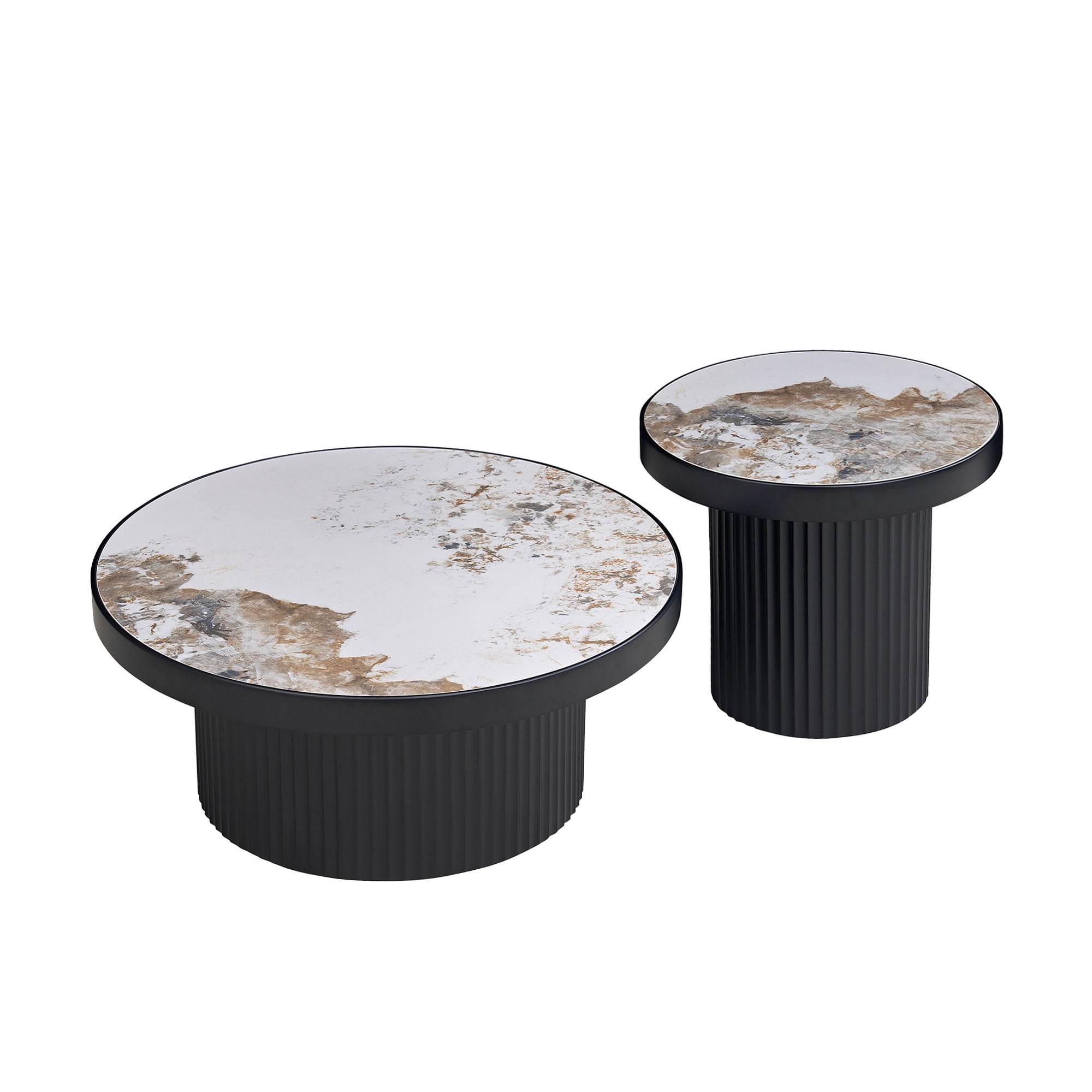 Kevinplus Round Coffee Table Set of 2 with Stone Tabletop for Living Room ,Apartment,Leisure Area, Black