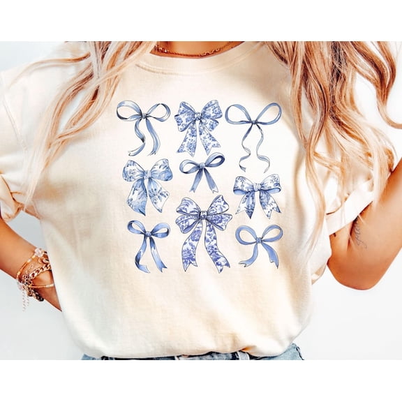 Coquette Bows T-Shirt, Blue Bow Shirt, Floral Blu Bow Shirt, Ribbon Shirt, Blue Ribbon Shirt