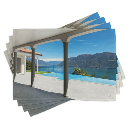 

Italian Placemats Set of 4 Lake Maggiore View From the Terrace Balcony of House with Pool Art Washable Fabric Place Mats for Dining Room Kitchen Table Decor Turquoise Grey and White by Ambesonne