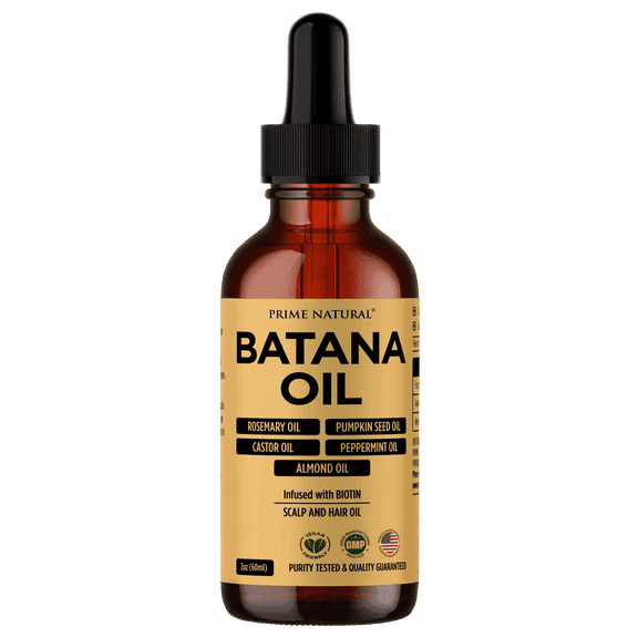 Prime Natural Hair Oil - Batana, Rosemary, Pumpkin Seed, Castor, Almond & Peppermint Oil - Biotin Infused Frizzy & Dry Scalp Care - 2oz Glass Bottle