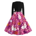 thumbnail image 4 of LWavelet Women's Long Sleeve Fit-and-Flare Dress, Patchwork Bunny & Carrot Print with Satin Bow Belt for Casual & Easter Outfits Hot Pink 2XL, 4 of 4